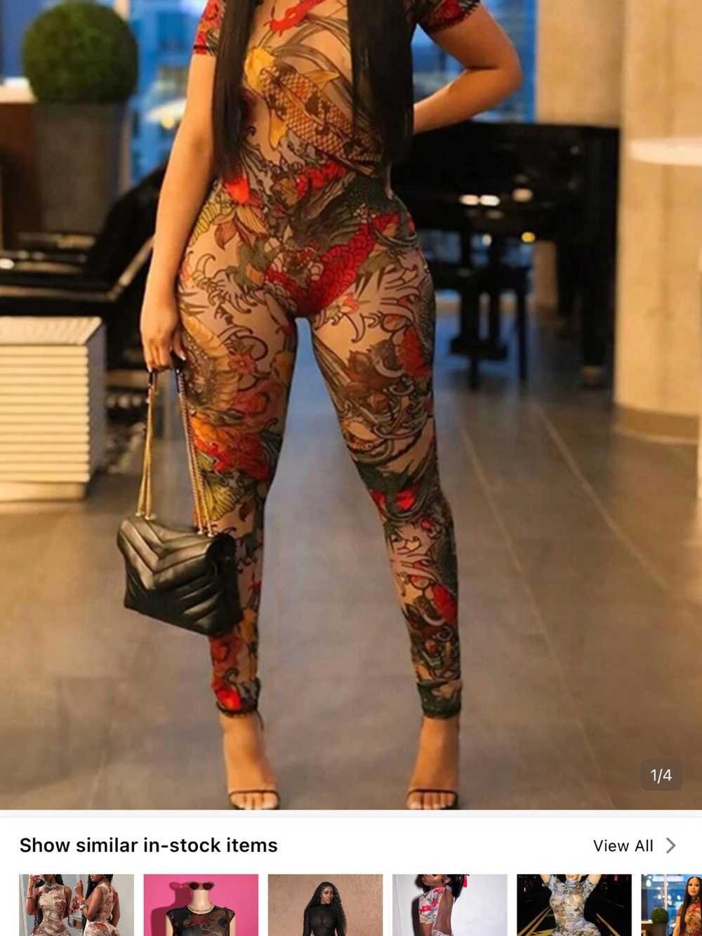 SHEIN Multicolor Tattoo-Print Sheer Mesh Jumpsuit